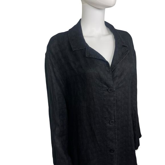 Eileen Fisher Women's L Black Linen Lagenlook Plaid Collared Relaxed Jacket EUC - Picture 2 of 5